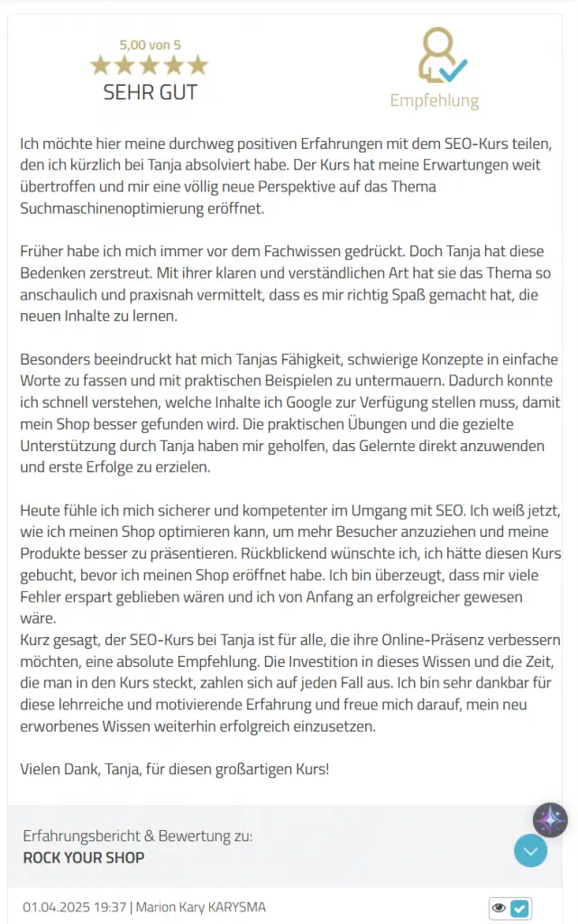 Kundenfeedback marion, die mit ihrem spoirituellen SHcmuckladen ohne Webung und ohne Social Media - nur über Google erfolgreich ist