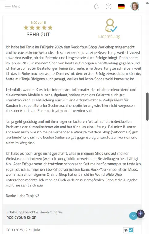 Kundenfeedback eines Schmuckshops