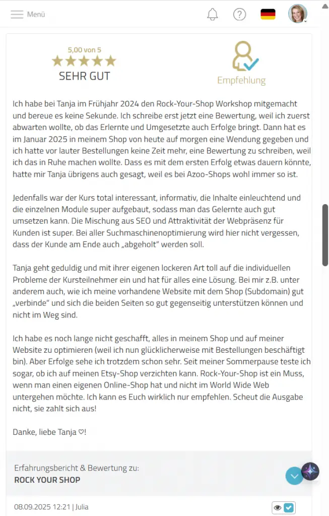 Kundenfeedback eines Schmuckshops